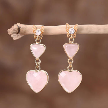 Garden Butterfly Heart Rose Quartz Drop Earrings-Your Soul Place